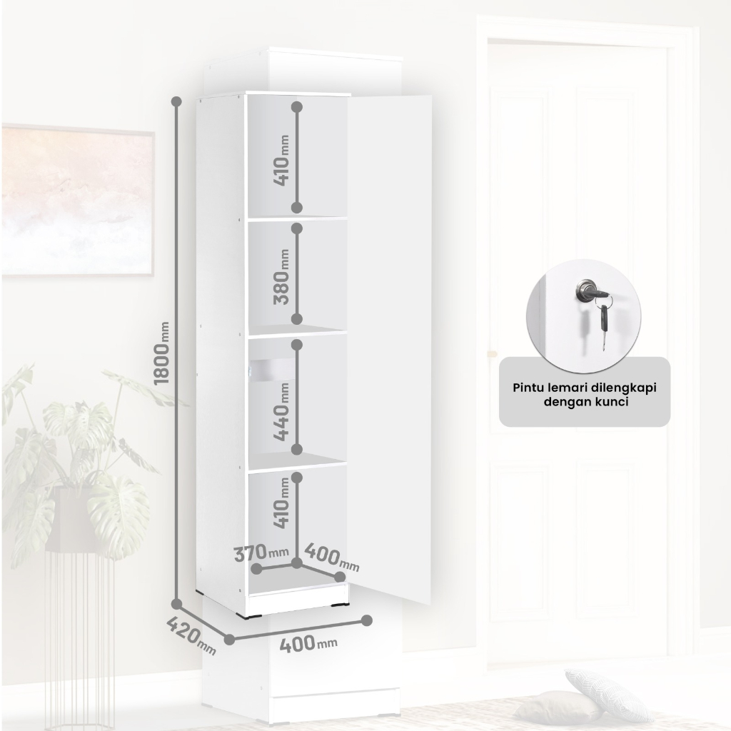 WARDROBE DOMINIC 1 DOOR WITH 4 RACK WHITE