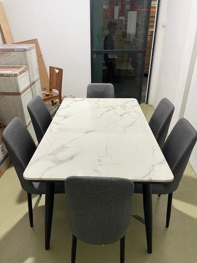 [I-DIN-DS757-6ST-GRY] MARBLE DINING SET C17-757 BLACK + 6 CHAIRS GREY